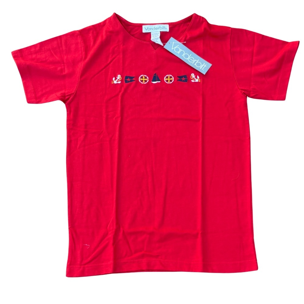 Vintage 1980s Vanderbilt Red Nautical Embroidered Tee Small Split V-Neck NWT